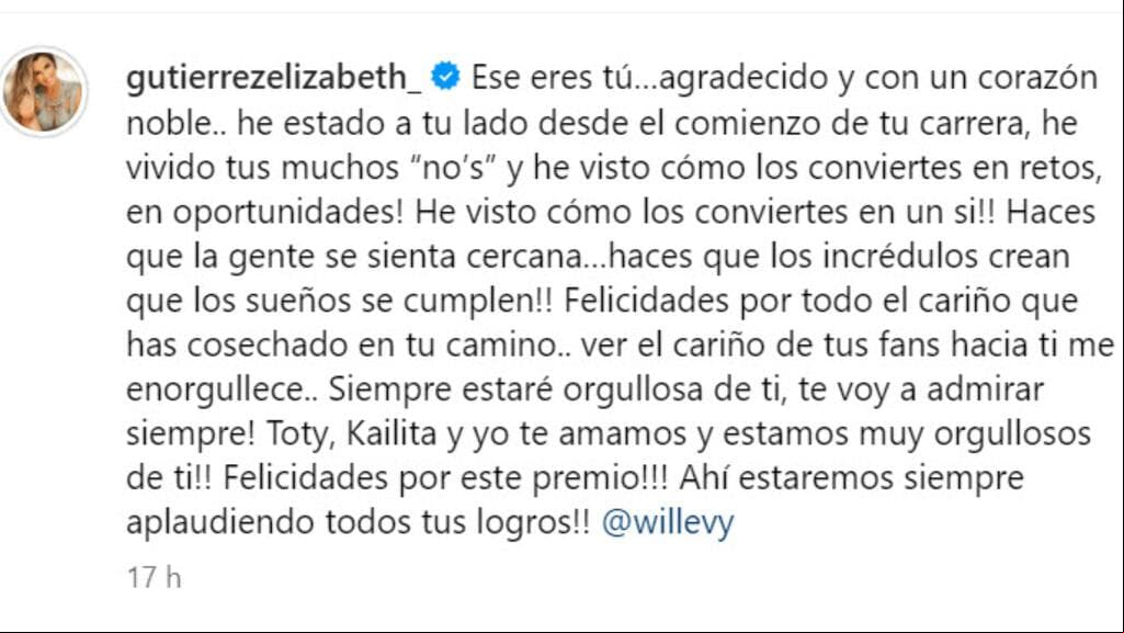 Elizabeth Gutiérrez declaró públicamente su iración a William Levy con este mensaje en Instagram.
