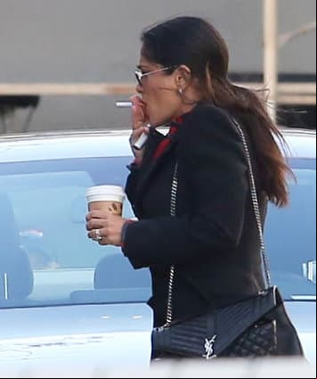 Photo © 2018 x17/The Grosby Group Spain: Lagencia Grosby EXCLUSIVE Film icon Salma Hayek was spotted in Hollywood, wearing a sharp black and red outfit, enjoying a cigarette and a cup of coffee, on Friday, February 23, 2018