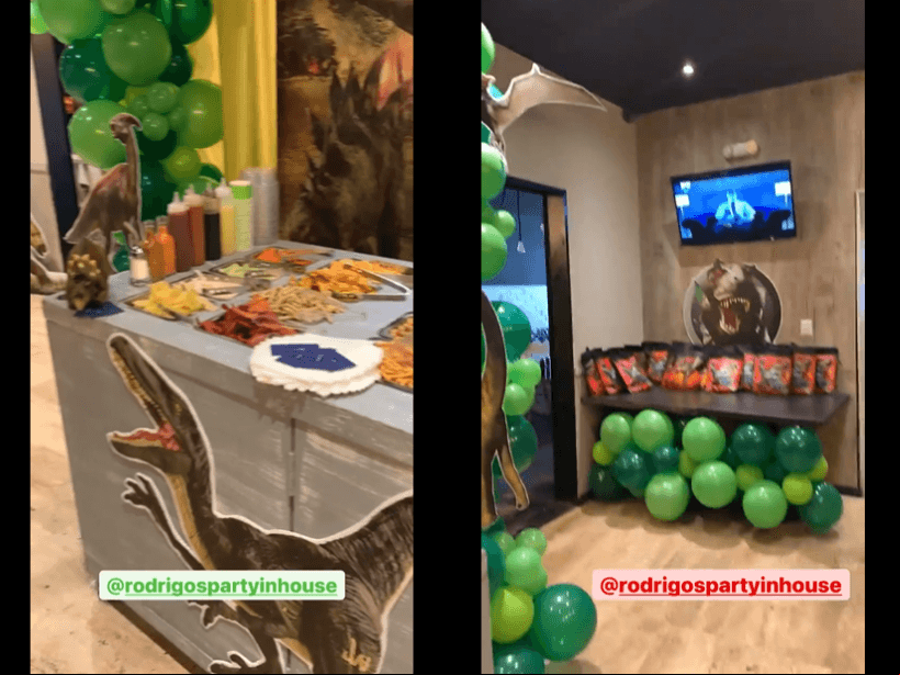 Dentro de los detalles de la fiesta hubo figuras de dinosaurios, espectaculares globos en color verde y un sinfín de dulces; pero algo que llamó la atención, fue que la comida era vegana y casi todas las golosinas fueron saludables.