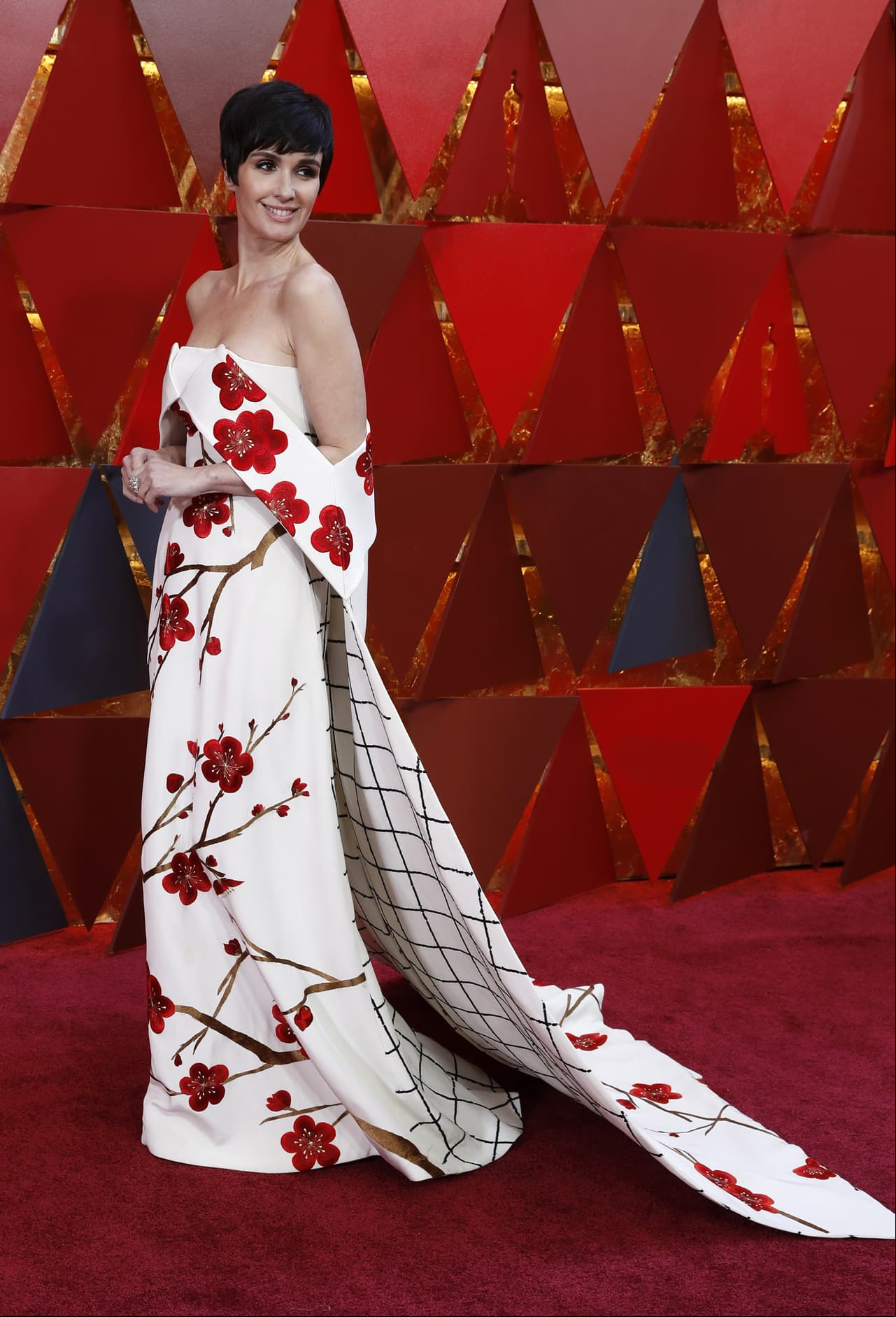En la alfombra roja de los premios Oscar de 2018, la intérprete española usó un diseño de Christopher Bu estampado de flores y cuadros. De acuerdo con Vogue España, Paz tomó un riesgo que la favoreció porque “más allá del patrón, que de por sí es llamativo, lo que ha capturado un buen puñado de flashes es el contraste de estampados”, además que su look lo complementó con el corte pixie y un maquillaje que destacó el ‘smokey eye’.