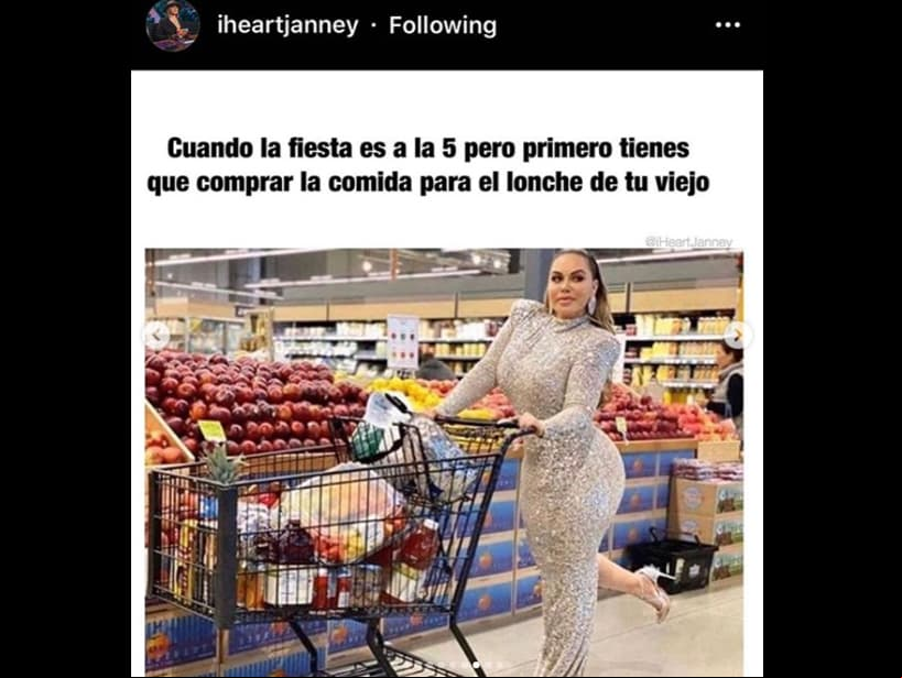 El  @iheartjannet publicó un meme que se convirtió en uno de los favoritos de la intérprete con el texto: “cuando la fiesta es a las cinco pero primero tienes que comprar la comida para el lonche de tu viejo”.