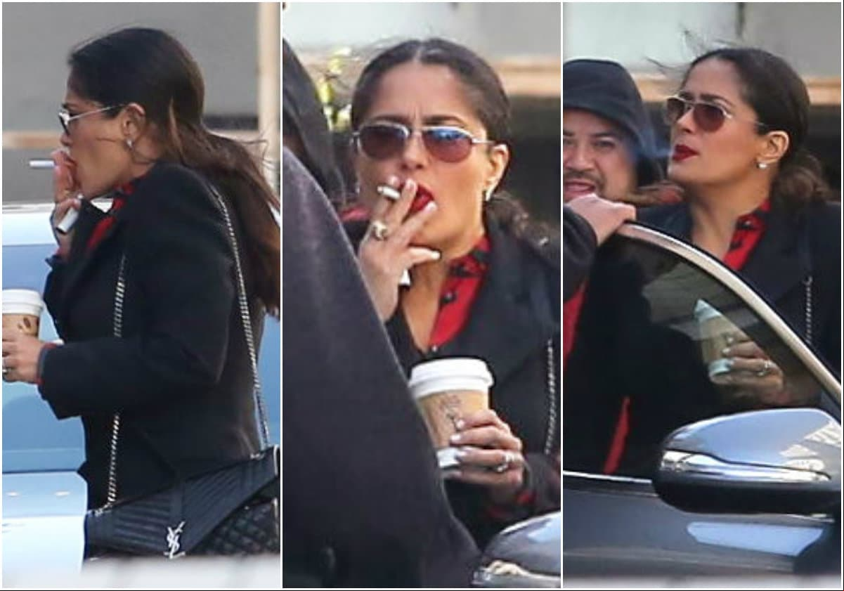 Los lentes indiscretos captaron a la actriz mexicana Salma Hayek fumando y tomando café.