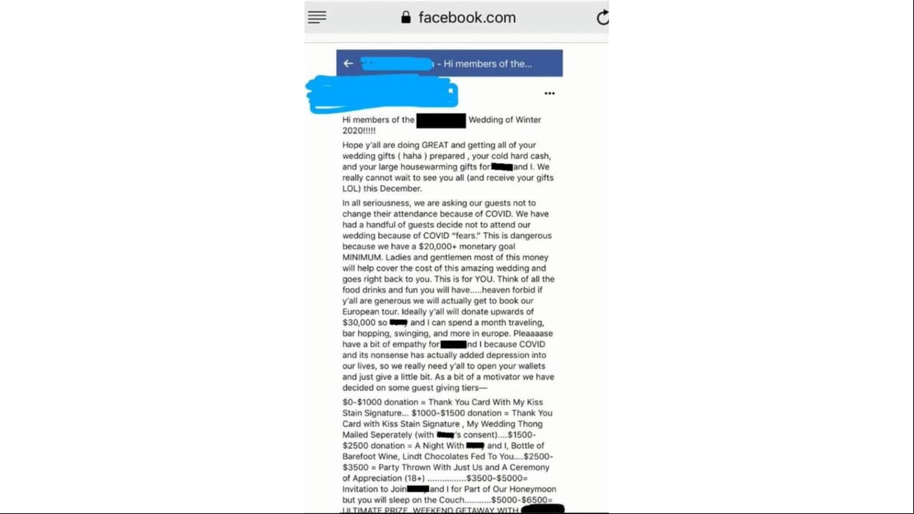 Piden donaciones para pagar la boda y luna de miel.