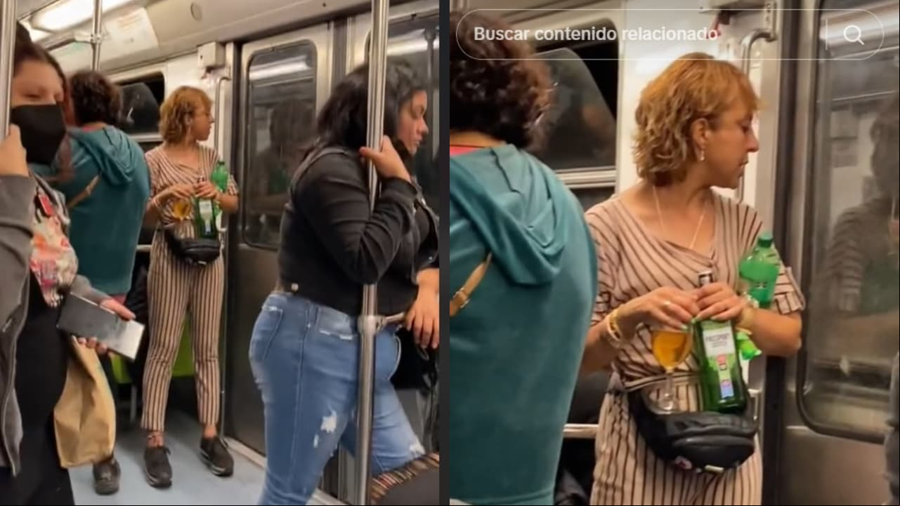 Mujer con botella de whisky en pleno metro se vuelve viral en redes sociales.