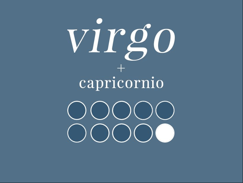 VIRGO + CAPRICORNIO (9/10): Una mezcla armoniosa. La ambición y el afán de conseguir el éxito de Capricornio embona con la personalidad perfeccionista de Virgo. Ambos son diligentes y disciplinados. Una relación en la cual abundará el respeto y la iración hacia el otro.
