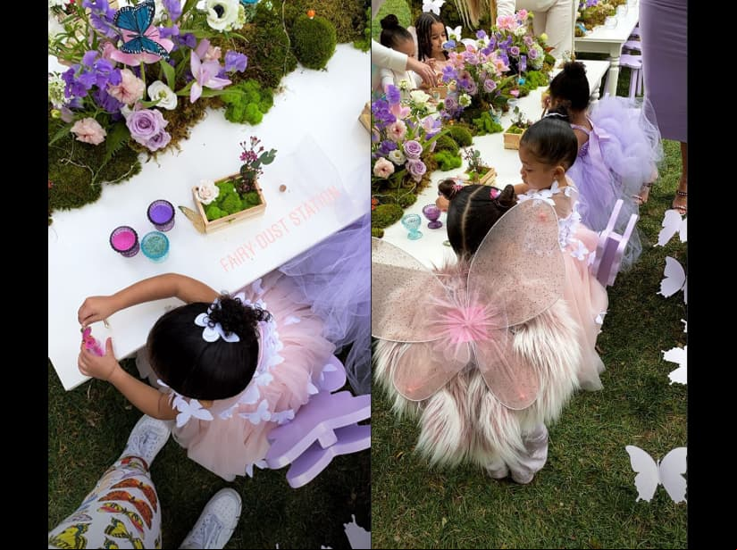 Las pequeñas sillas tenían mariposas en el respaldo, las mesas estaban decoradas con flores lilas, incluso las bebidas eran del mismo color.