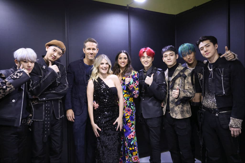 SEOUL, SOUTH KOREA - DECEMBER 02: EXO , Ryan Reynolds(3L), Mélanie Laurent(4L) and Adria Arjona(C) attends the world premiere of Netflix's '6 Underground' at Dongdaemun Design Plaza on December 02, 2019 in Seoul, South Korea. (Photo by Jean Chung/Getty Images for Netflix)