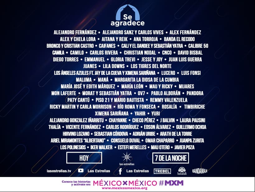 Con el fin de realizar un merecido homenaje a los héroes de esta pandemia, Televisa reunirá a grandes celebridades del mundo de la música este sábado 30 de mayo en el concierto ‘Se agradece’. A continuación te compartimos algunas de las colaboraciones musicales que podrás disfrutar a través de la transmisión por 
<b>lasestrellas-tv.descargartorrent.net </b>y en las cuentas oficiales de Las Estrellas en YouTube y Facebook, así como en Telehit, Bandamax y 
<b>TREBEL.</b>