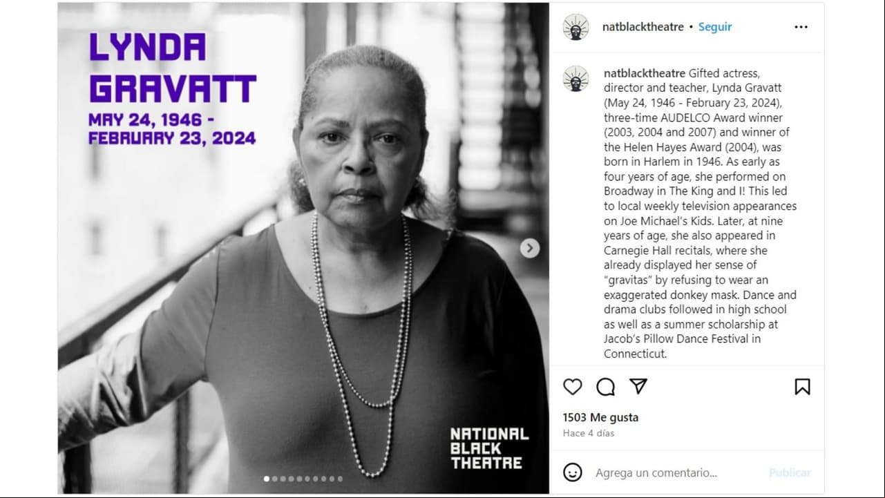 National Black Theatre difundió la noticia de la muerte de Lynda Gravátt.