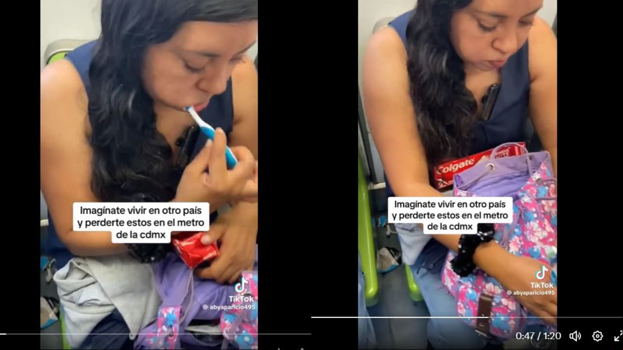 Mujer se hizo viral por lavarse los dientes en pleno vagón del metro.
