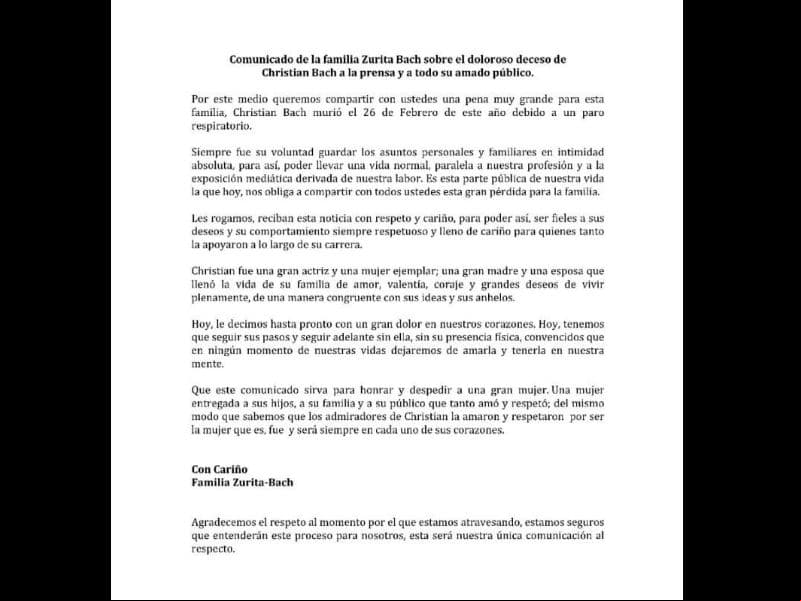 Comunicado de la muerte de Christian Bach