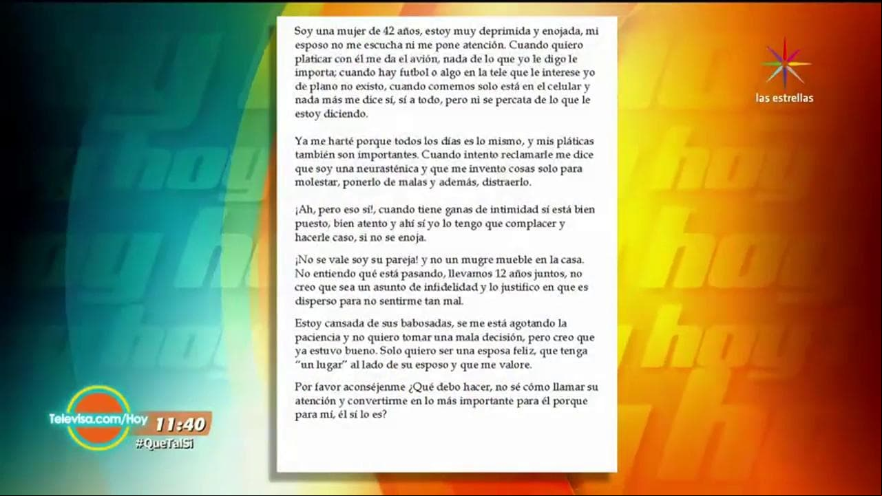 Confesiones De Hoy: "Mi esposo no me escucha, no me presta atención"