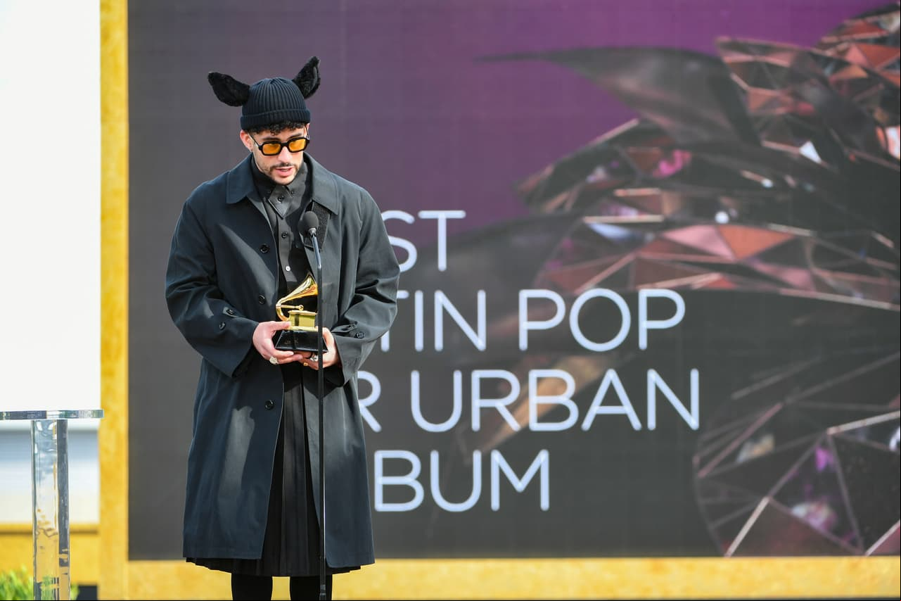 LOS ANGELES, CALIFORNIA - MARCH 14: Bad Bunny accepts the Grammy for Best Latin Pop or Urban Album for 'YHLQMDLG' onstage during the 63rd Annual GRAMMY Awards at Los Angeles Convention Center on March 14, 2021 in Los Angeles, California. (Photo by Kevin Winter/Getty Images for The Recording Academy)