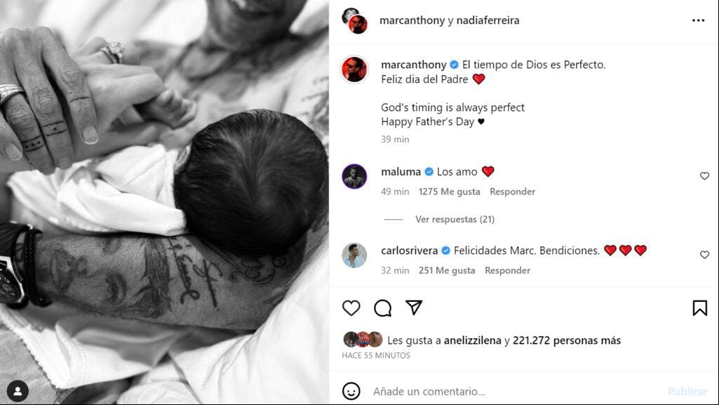 Esta es la única foto que se conoce hasta ahora del bebé de Marc Anthony y Nadia Ferreira. Crédito: Marc Anthony/Instagram
