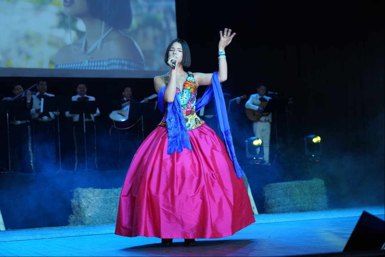 LOS ANGELES, CALIFORNIA - APRIL 01: Recording artist Angela Aguilar performs onstage during Pepe Aguilar and Family 'Jaripeo Sin Fronteras 2019' press conference at Los Angeles Theatre on April 01, 2019 in Los Angeles, California. (Photo by JC Olivera/Getty Images)