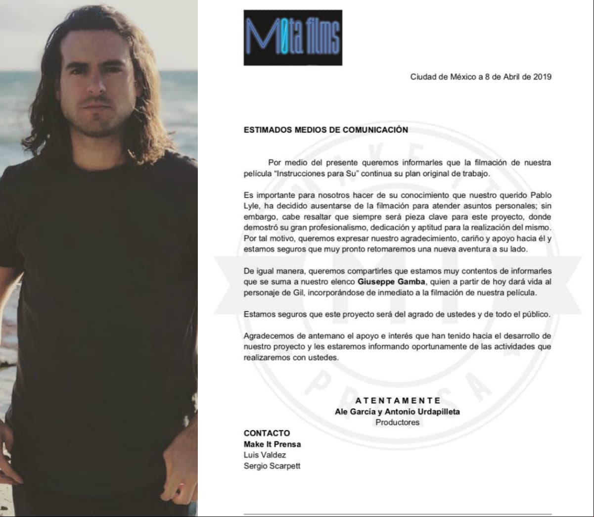 8 de abril: A través de un comunicado de prensa, los productores de la película “Instrucciones para Su” informaron que el actor decidió dejar el proyecto para dedicarse por completo a resolver sus problemas personales en Estados Unidos. Además, indicaron que el personaje de Pablo sería realizado por Giuseppe Gamba, quien a partir de ese momento se uniría al elenco y se incorporaría a las grabaciones.