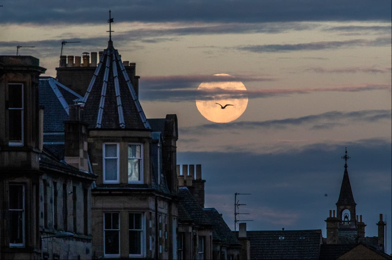 Se ve una superluna rosa detrás de los tejados de Edimburgo.
