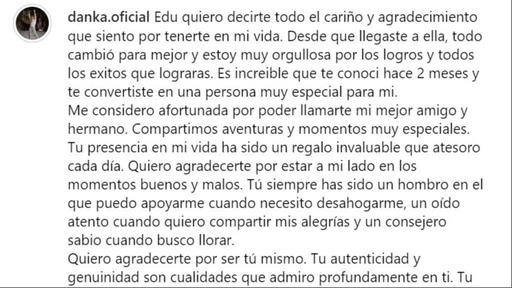 Esta es parte de la emotiva carta que 'Danka' le dedicó a Eduardo Zucchi.
