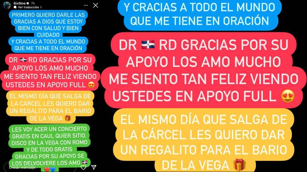 Este es el mensaje que Tekashi 6ix9ine publicó en Instagram desde prisión y en el que advirtió y prometió dar un concierto "gratis" cuando salga de la cárcel.