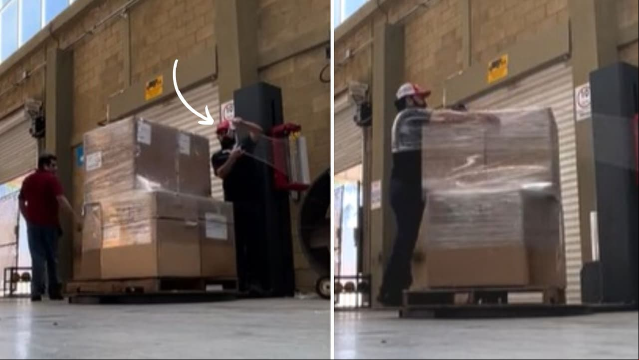 Hombre queda atrapado en plástico al querer envolver cajas de cartón:video explota en TikTok