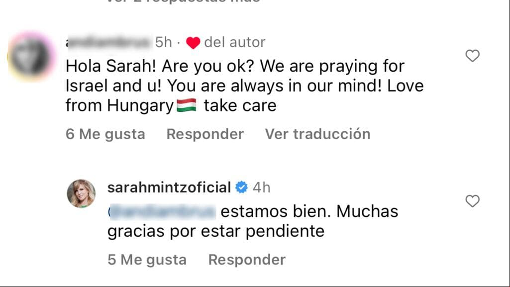 Sarah Mintz confirmó con este mensaje que ella y su familia estaban "bien" tras los ataques.
