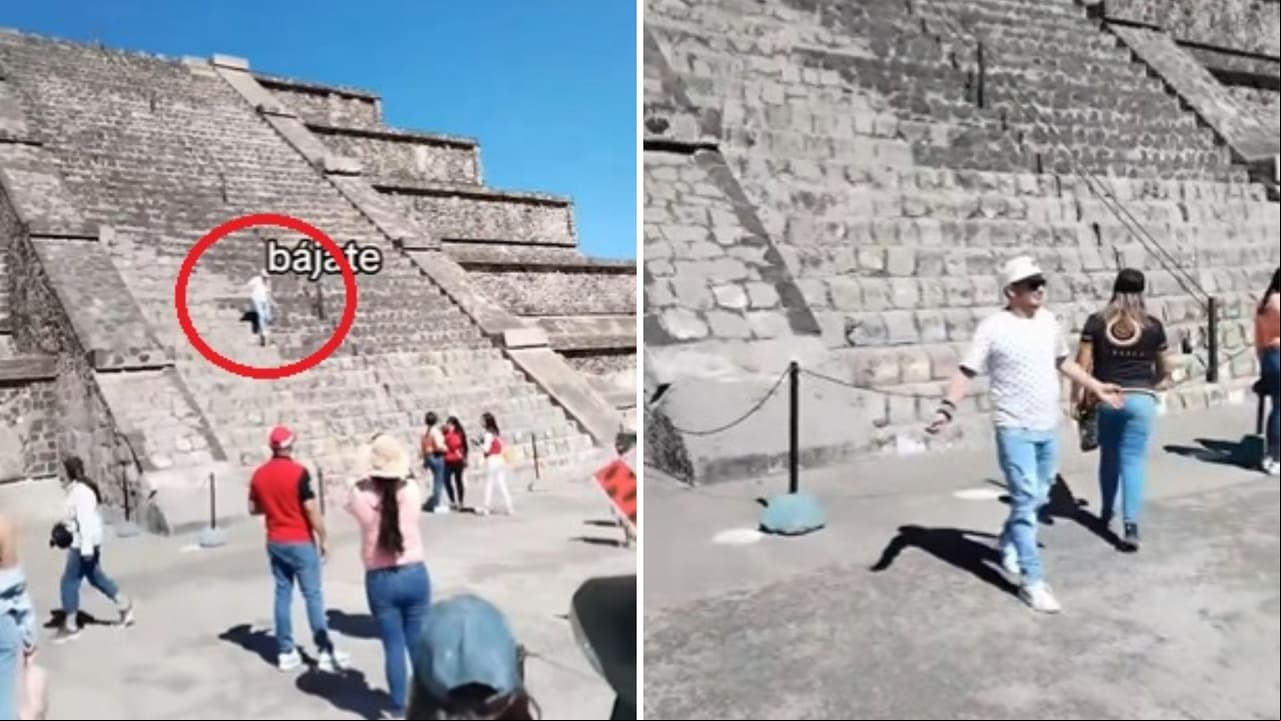 Turista sube pirámide de Teotihuacán pese a estar prohibido e indigna a mexicanos.