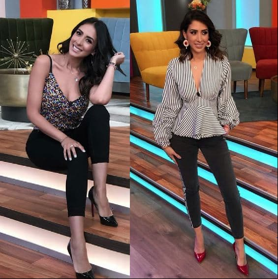 Algo más casual: leggins, tacones y una bella blusa con escote.