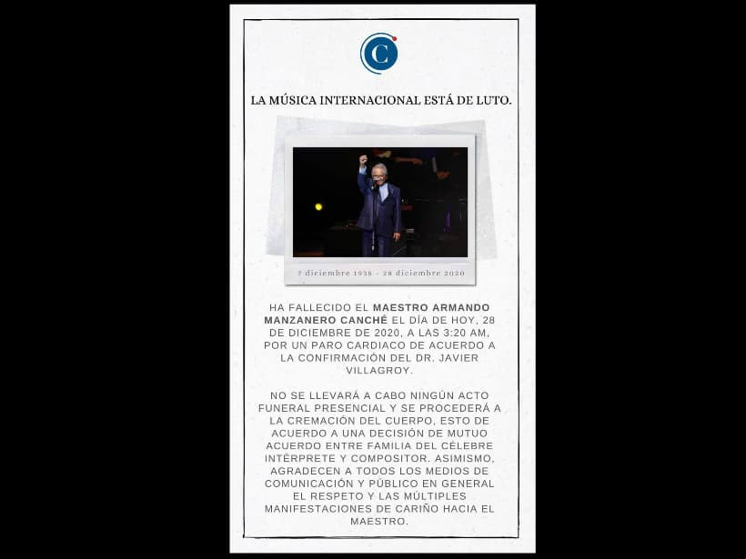 Armando Manzanero no tendrá funeral, confirma su familia.