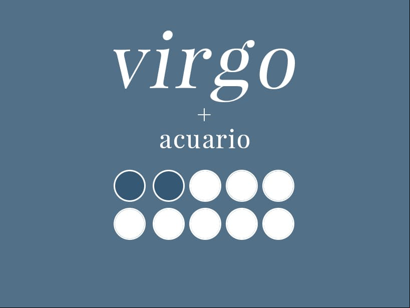 VIRGO + ACUARIO (2/10): Puede que los dos sean racionales e intelectuales, pero con propósitos distintos. Son polos opuestos, pues Acuario es social, visionario y curioso, Virgo es reservado, prudente y práctico. Este par no tiene mucho en común.