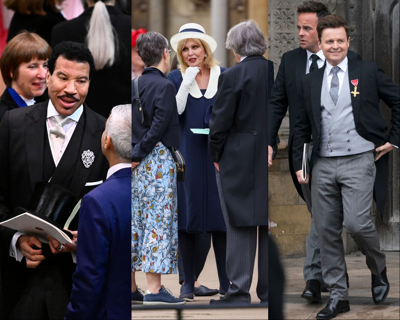 Lionel Richie, Joanna Lumley y Declan Donnelly en la coronación de Carlos III.