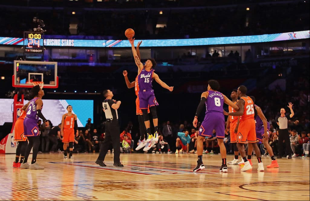 CHICAGO, ILLINOIS - FEBRUARY 14: Brandon Clarke #15 of the World team wins the opening tip against the USA at the United Center on February 14, 2020 in Chicago, Illinois. NOTE TO :  expressly acknowledges and agrees that, by ing and or using this photograph,  is consenting to the  and conditions of the Getty Images License Agreement. (Photo by Jonathan Daniel/Getty Images)