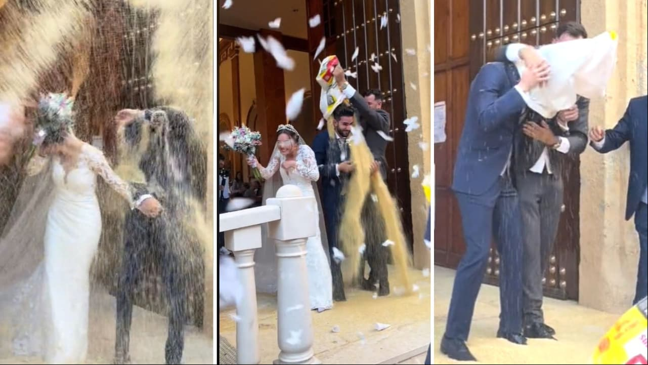 Pareja recibe ataque de arroz al salir de la iglesia