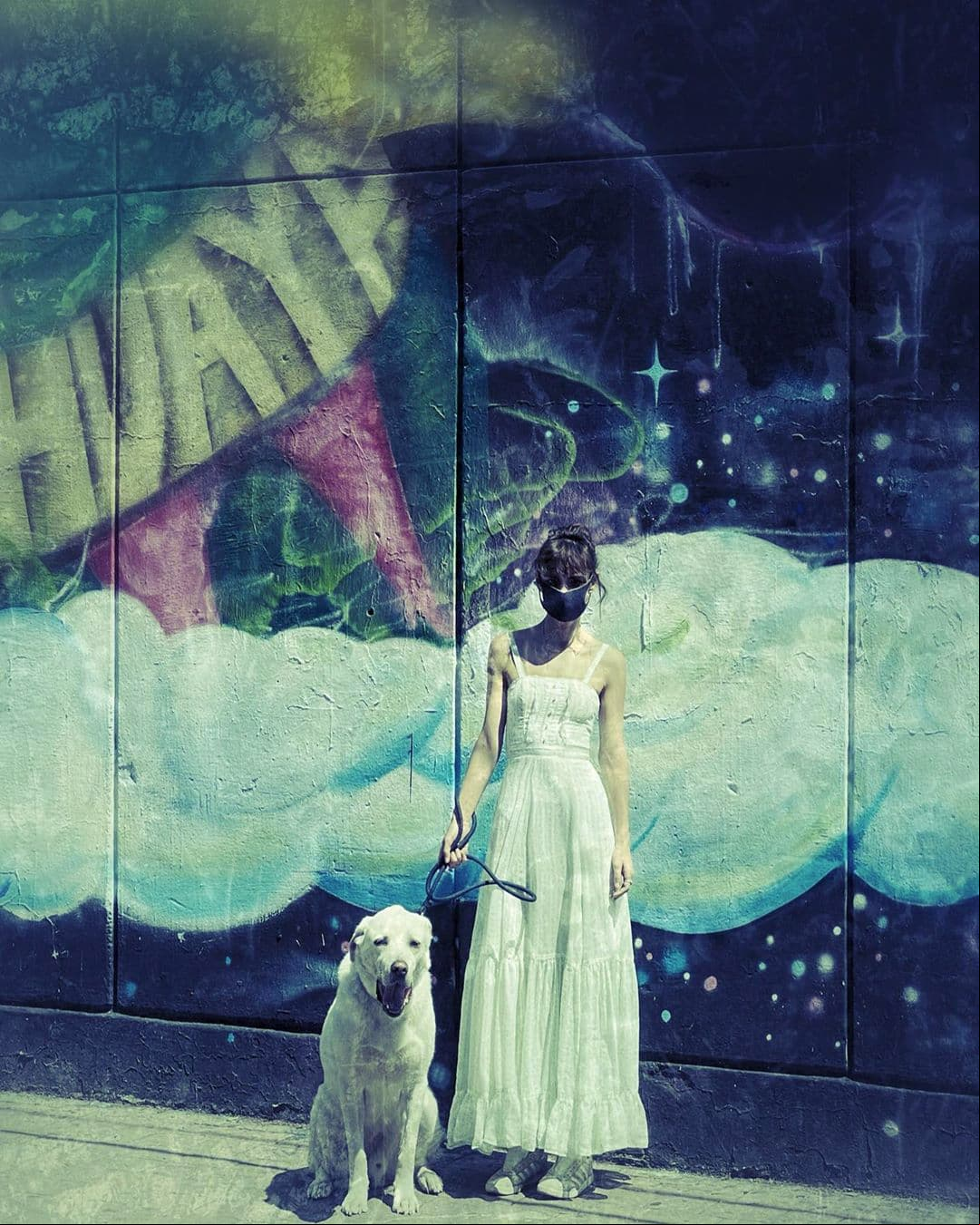 Junto a su perro Güero, la presentadora posó usando un vestido blanco largo con tenis del mismo, color, además de usar un cubrebocas para cuidar de su salud. “Primavera pandémica, hirviente e inolvidable”, contó.